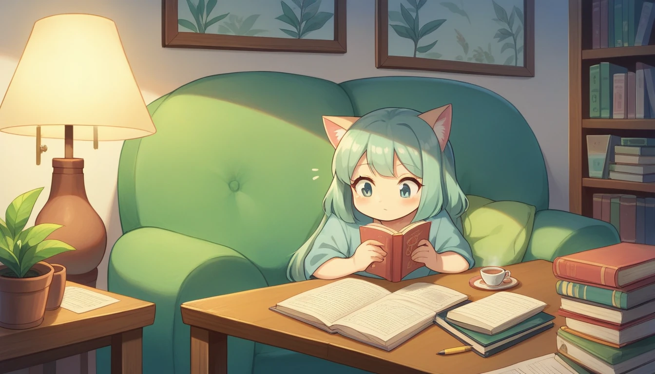 A tranquil, 1980s-style modern living room designed for a YouTube Lofi music channel. The scene includes a cute, anime-style girl with a serene expression sitting on a sofa, reading a book, viewed from the side. The room has contemporary furniture, large windows showing a garden view, and shelves filled with books and plants. The girl is surrounded by study materials, including notebooks, pencils, and a lamp. Soft, pastel colors dominate the scene, creating a soothing and peaceful atmosphere. There are hints of everyday life, such as a cat sitting on the windowsill and a cup of tea on the table. The overall vibe is relaxed and focused, perfect for a Lofi music channel. The artwork should have a high level of detail and clarity.