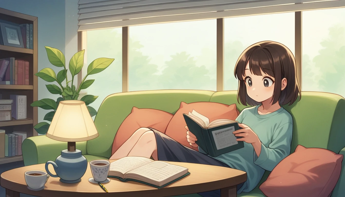 A tranquil, 1980s-style modern living room designed for a YouTube Lofi music channel. The scene includes a cute, anime-style girl with a serene expression sitting on a sofa, reading a book, viewed from the side. The room has contemporary furniture, large windows showing a garden view, and shelves filled with books and plants. The girl is surrounded by study materials, including notebooks, pencils, and a lamp. Soft, pastel colors dominate the scene, creating a soothing and peaceful atmosphere. There are hints of everyday life, such as a cat sitting on the windowsill and a cup of tea on the table. The overall vibe is relaxed and focused, perfect for a Lofi music channel. The artwork should have a high level of detail and clarity.