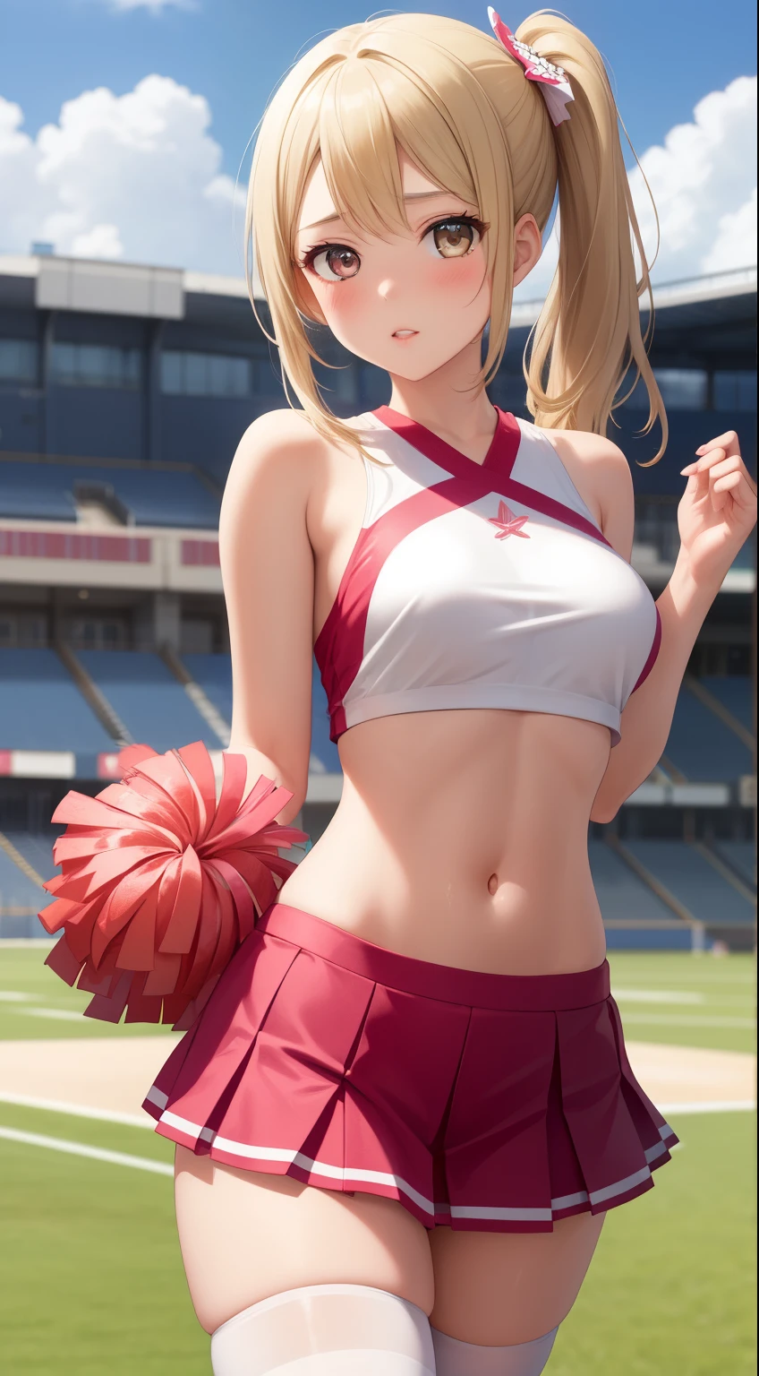 masterpiece, best quality, highly detailed, ultra high res, ayase arisa, 1girl, solo, hazel eyes, hair ornament, short ash blonde hair, side ponytail, glossy lips, cheerleader, pink thigh highs, looking at viewer, school field, medium breasts, halter top