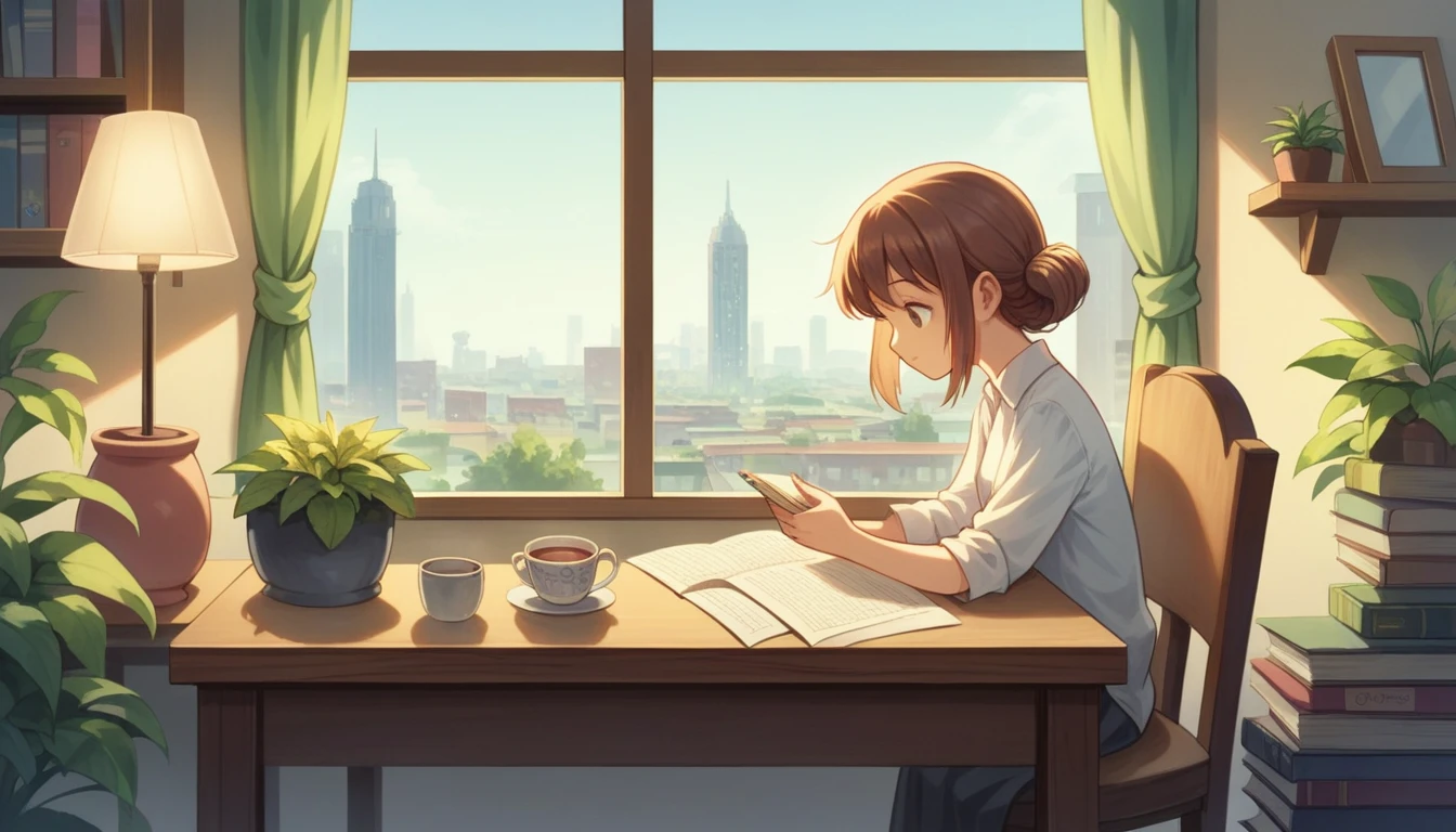 A tranquil, 1980s-style urban apartment designed for a YouTube Lofi music channel. The scene includes a cute, anime-style girl with a serene expression sitting at a desk, studying, viewed from the side. The apartment has modern furniture, large windows showing a cityscape, and shelves filled with books and plants. The girl is surrounded by study materials, including notebooks, pencils, and a lamp. Soft, pastel colors dominate the scene, creating a soothing and peaceful atmosphere. There are hints of everyday life, such as a cat sitting on the windowsill and a cup of tea on the desk. The overall vibe is relaxed and focused, perfect for a Lofi music channel. The artwork should have a high level of detail and clarity.