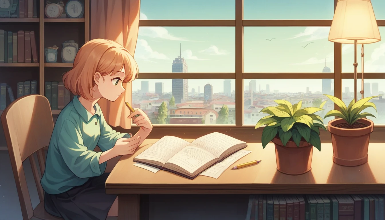 A tranquil, 1980s-style urban apartment designed for a YouTube Lofi music channel. The scene includes a cute, anime-style girl with a serene expression sitting at a desk, studying, viewed from the side. The apartment has modern furniture, large windows showing a cityscape, and shelves filled with books and plants. The girl is surrounded by study materials, including notebooks, pencils, and a lamp. Soft, pastel colors dominate the scene, creating a soothing and peaceful atmosphere. There are hints of everyday life, such as a cat sitting on the windowsill and a cup of tea on the desk. The overall vibe is relaxed and focused, perfect for a Lofi music channel. The artwork should have a high level of detail and clarity.