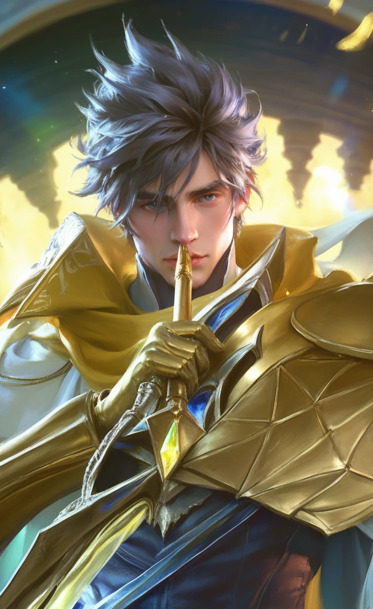a man, close-up portrait, greek god, fantasy, league of legends style, beautiful figure painting, bright light, amazing composition, front view, hdr, volumetric lighting, ultra quality, elegant, highly detailed, realistic, best quality, high resolution, artwork, bad