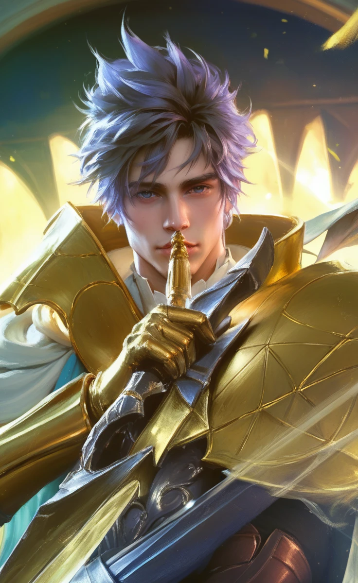 a man, close-up portrait, greek god, fantasy, league of legends style, beautiful figure painting, bright light, amazing composition, front view, hdr, volumetric lighting, ultra quality, elegant, highly detailed, realistic, best quality, high resolution, artwork, bad
