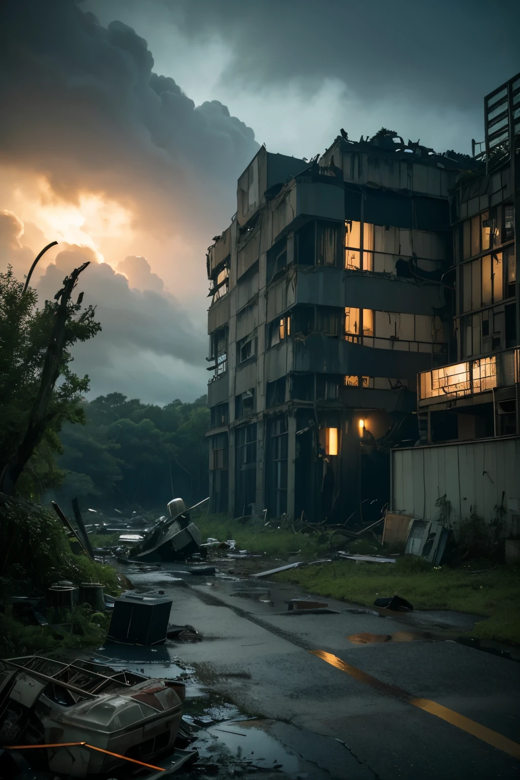 movie still, Fukushima Nuclear Power Plant, ruins, mutated creature, collapsed debris, dystopian atmosphere, radiation signs, overgrown foliage, abandoned facility, hazardous environment, post-apocalyptic, contaminated zone, eerie, desolate landscape, dark sky, cinematic lighting, sci-fi, rusted metal structures, broken concrete, survival theme, biohazard suit, gas mask, ominous clouds, glowing eyes, monstrous form, science fiction, environmental disaster, Japanese text, emergency vehicles, scattered papers, leaking barrels, high detail, realistic texture --v 5.2