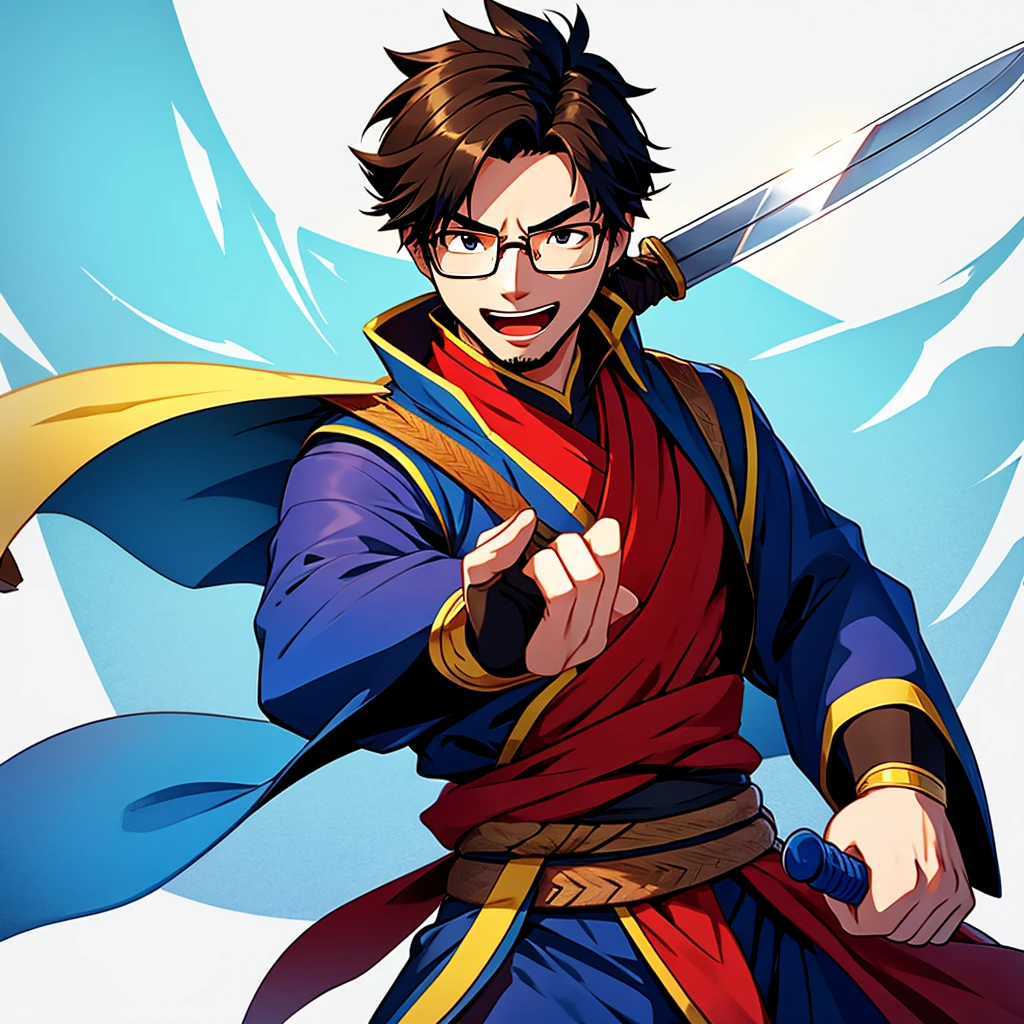 Generate an illustration of a swordsman wearing glasses. The swordsman wearing glasses is singing.