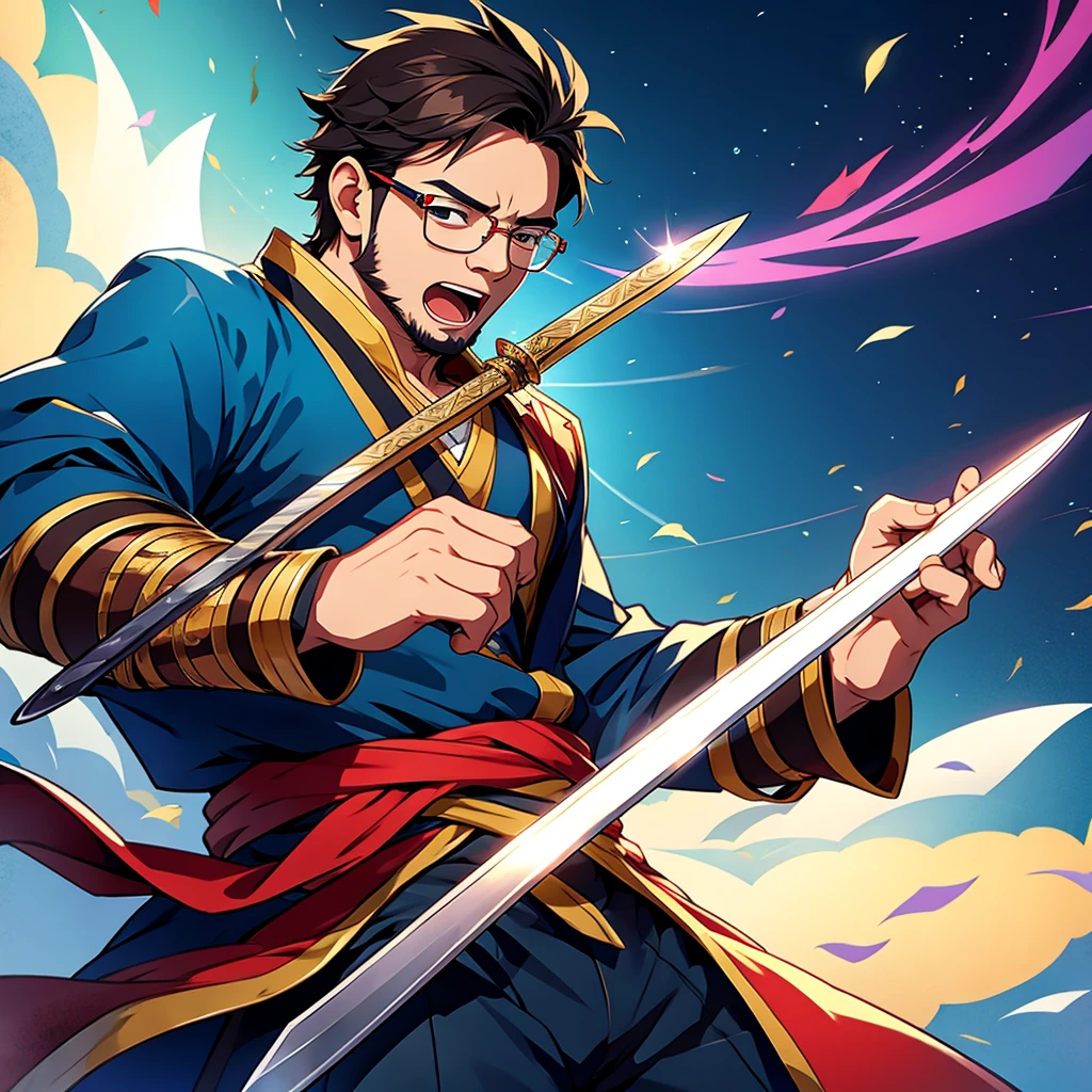 Generate an illustration of a swordsman wearing glasses. The swordsman wearing glasses is singing.