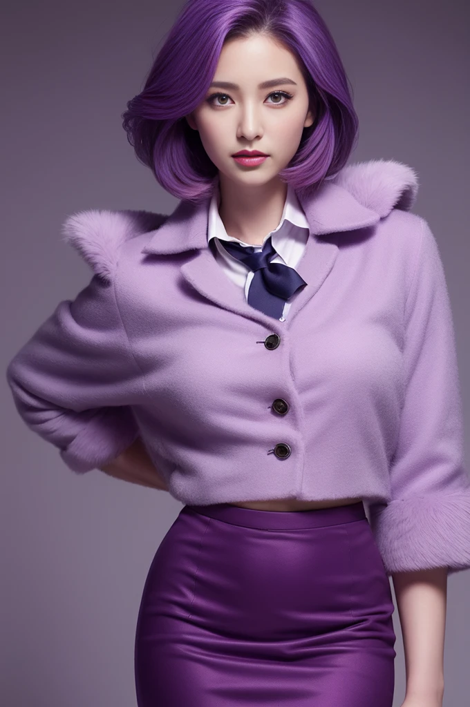 Reality, high resolution, 1 female, Hips up, beautiful eyes, purple gradient hair, Dark circles under eyes, Collared shirt,tie,Purple skirt, Pencil Skirt, Fur coat