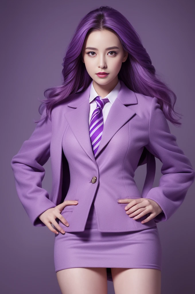 Reality, high resolution, 1 female, Hips up, beautiful eyes, purple gradient hair, Dark circles under eyes, Collared shirt,tie,Purple skirt, Pencil Skirt, Fur coat