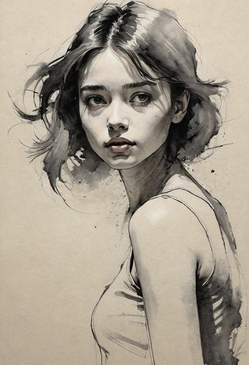 (best quality, highres, masterpiece:1.2), ultra-detailed, realistic:1.37, black ink sketches, smooth lines, expressive facial expressions and postures, minimalistic background, emphasis on light and shadow and spatial perception, abundant negative space, young girl.