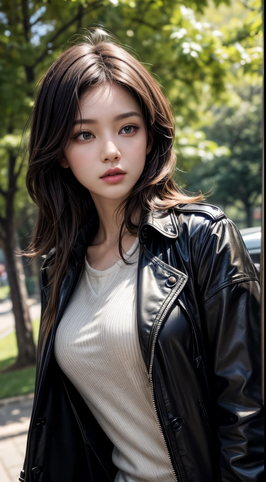 (masterpiece, best quality, 8k resolution, sharp focus, high color saturation, intricate detail, beautiful girl, golden ratio face, bright colors,high resolution, detailed face, dêtctive), black trench coat, side view, ( 1 girl, seductive eyes, dynamic angle, stand against the tree/under tree, wears a black trench coat ), low angle shot.