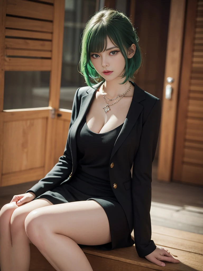 russian girl, fullbody, necklace, jewelry, green hair, red eyeliner, brown eyes, bangs, sexy pose, best quality, masterpiece, wearing suit, an extremely delicate and beautiful, CG, unity, 8k wallpaper, Amazing, finely detail, masterpiece, official art, extremely detailed CG unity 8k wallpaper, incredibly absurdres, huge filesize, ultra-detailed, highres, extremely detailed, beautiful detailed girl, realistic, full frontal, light contrast, completely legs