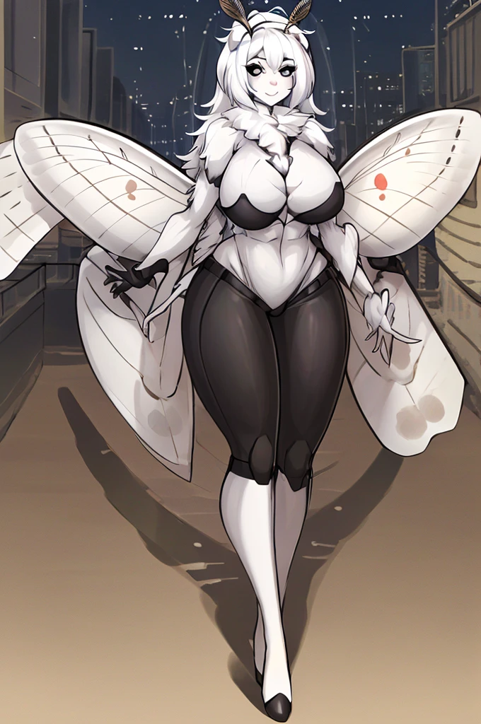 masterpiece, best quality, 1 Girl, Solitary, Moth Girl, White hair, White skin, Four arms, Multi-arm, black eyes, Neck hair, Moth antennae, Smile, (White moth wings), Multiwing, Casual Tops, Black pants, Fur collar, external, City, sky, Streetlight Super huge big breasts breast enlargement Standing alone in a sci-fi city full-body shot