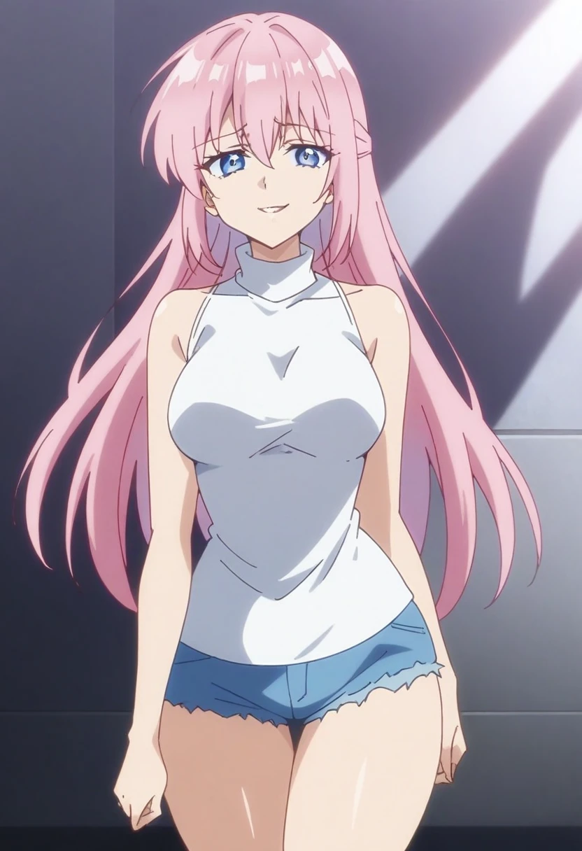 anime art style, masterpiece, best quality, very aesthetic, absurdres, dynamic shadows, atmosferic, shikimorisan, (1girl), pink hair, long hair, blue eyes, hair between eyes, bangs, curvy body, medium breasts, sexy, casual clothes, turtleneck shirt, denim shorts, bare arms, evil smile, ((cowboy shot)), (from front), (standing), (indoors), (looking at viewer:1.0)