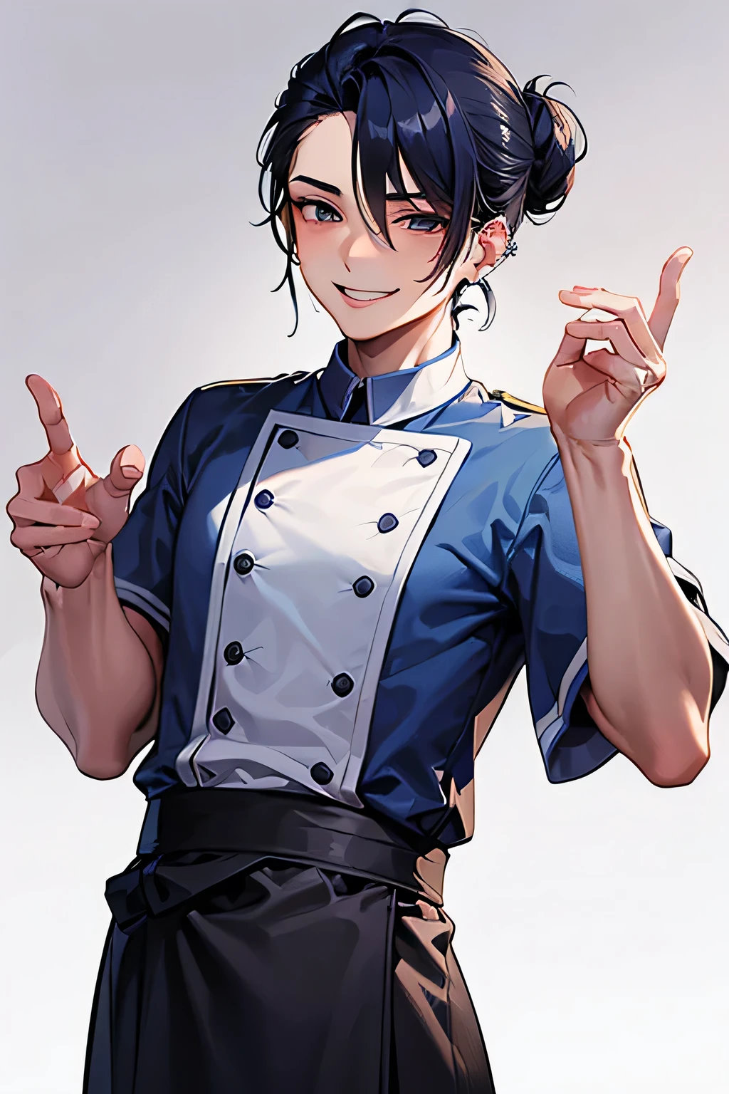 1 man, 25 year old, adult male, cook, chef's uniform, flirty expression, smirking smile, teasing expression, dark blue medium length hair in a bun and strands sticking out, piercings on ear, one hand pushing hair out of face, other hand on waist, white background