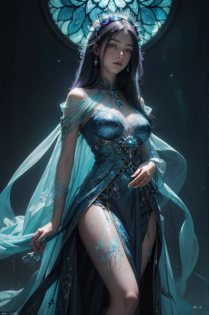 A stunning illustration of Surrealist illustration, featuring a regal figure shrouded in mist, rendered in mesmerizing bioluminescent neon watercolor hues, reminiscent of an ethereal dreamscape, washed across a stained glass canvas, evoking an air of mystical opulence. The celestial silhouette portrait, with intricately etched stars and planets, glows with an otherworldly luminescence, radiating an aura of enchantment. This ultra-high resolution masterpiece embodies a harmonious blend of mystical realism and cosmic fantasy, pulsing with iridescent shades of blue, purple, and green, inviting the viewer to step into its mystical realm.