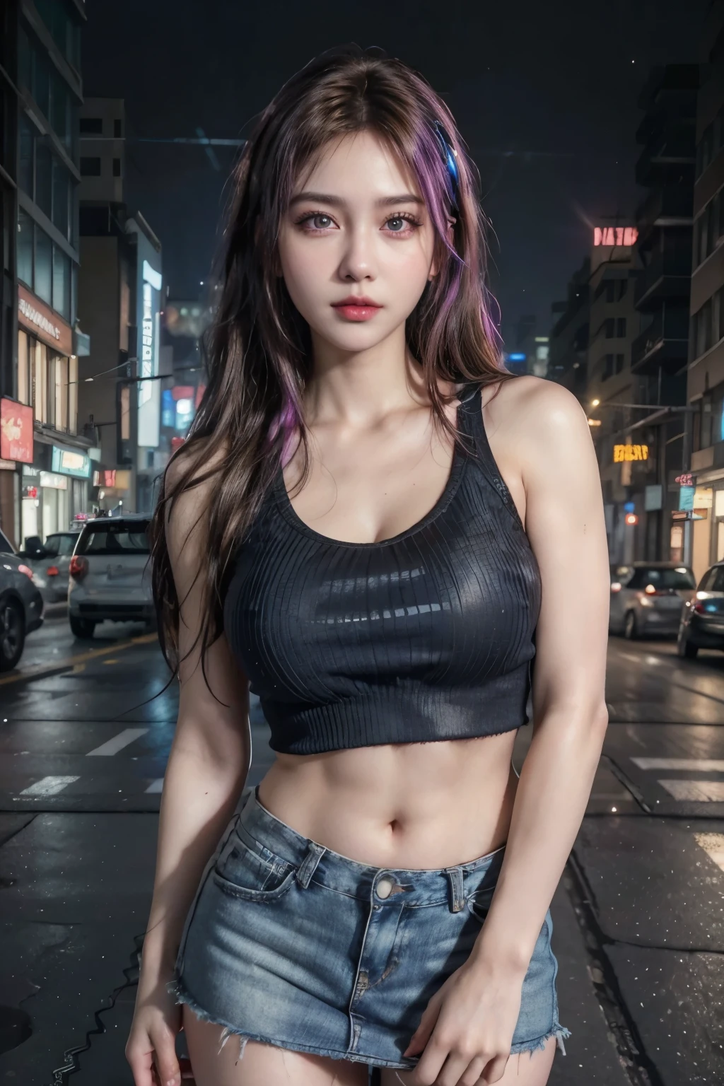 (RAW photo), (photo-realistic), (masterpiece), (Hyper Real), 1 beautiful young girl, idol face, beautiful detailed Hazel eyes, eyeshadow, Blonde Curly Hair, Slim fit body, large breasts, Tank Top, Denim Mini Skirt, Narrow waist, Rosy lips, Iris, ((cyberpunk street)), night, neon lighting,
