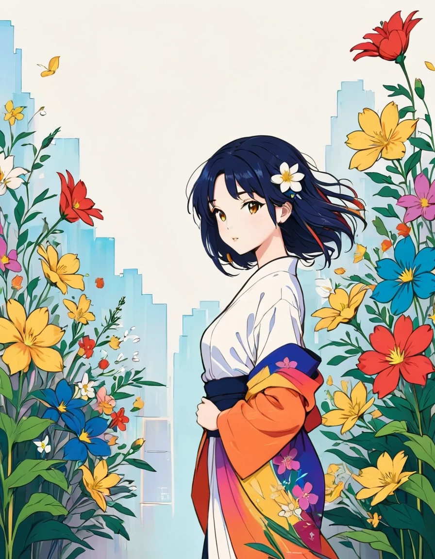 Mai Yoneyama style, Simple Line Initialism，Abstract art，Urban Background, colorful flowers ,(((The most beautiful girl of all time))),