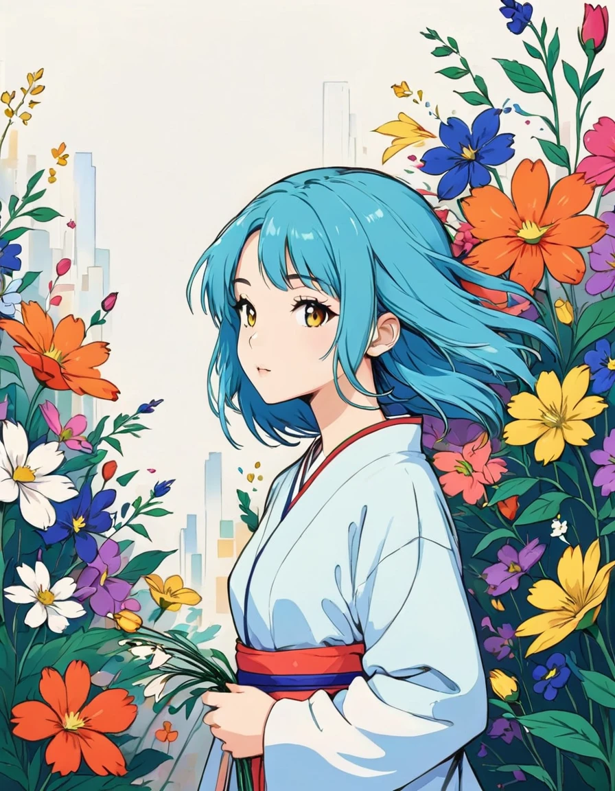 Mai Yoneyama style, Simple Line Initialism，Abstract art，Urban Background, colorful flowers ,(((The most beautiful girl of all time))),
