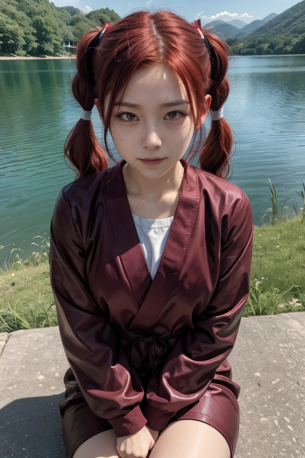 Masterpiece, Artwork, Riko, Jujutsu Kaisen outfit, closed mouth smile, slim eyes, red eyes, wine red hair, low pigtails, hair clip, sitting at the border of a lake, upview