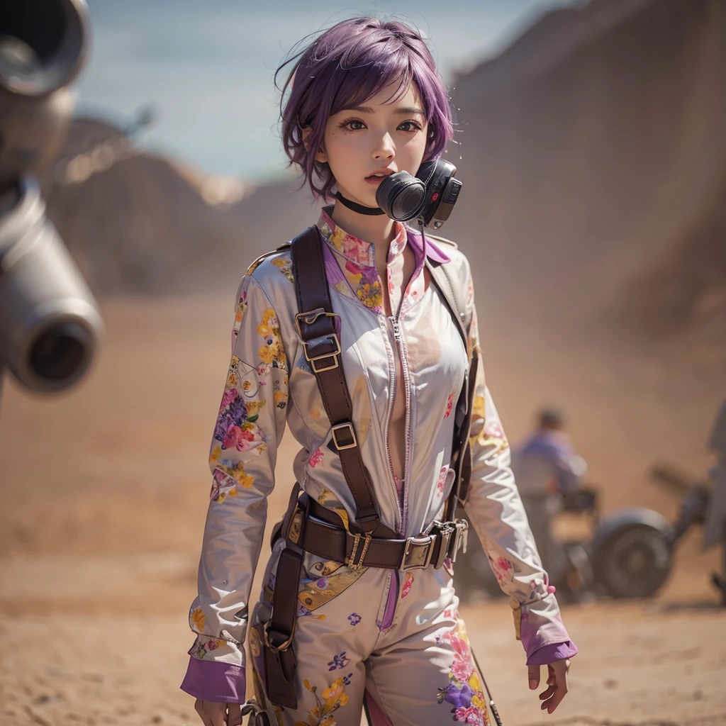 ((Vivid Photo Results & Detailed face)) (((Fabric Shading))), (((highest quality))), (((masterpiece))), (((Ultra-realistic photos))) Movie Scenes, Cinematic, Shooting dramatic shadows with backlighting, Full Body Profile, Cheeky Japanese Girl, Short spiky purple hair, His pale skin and faded, Dirty orange aviator jumpsuit., White Victoria&#39;the secret of`Bra with lace, Shown inside the open zipper, Abdominal ring is visible, Sweaty body, Cool pose with helmet on,Dirty Face & Dusty clothes scattered across the vast desert, In front of an X-wing fighter, 8K High Resolution