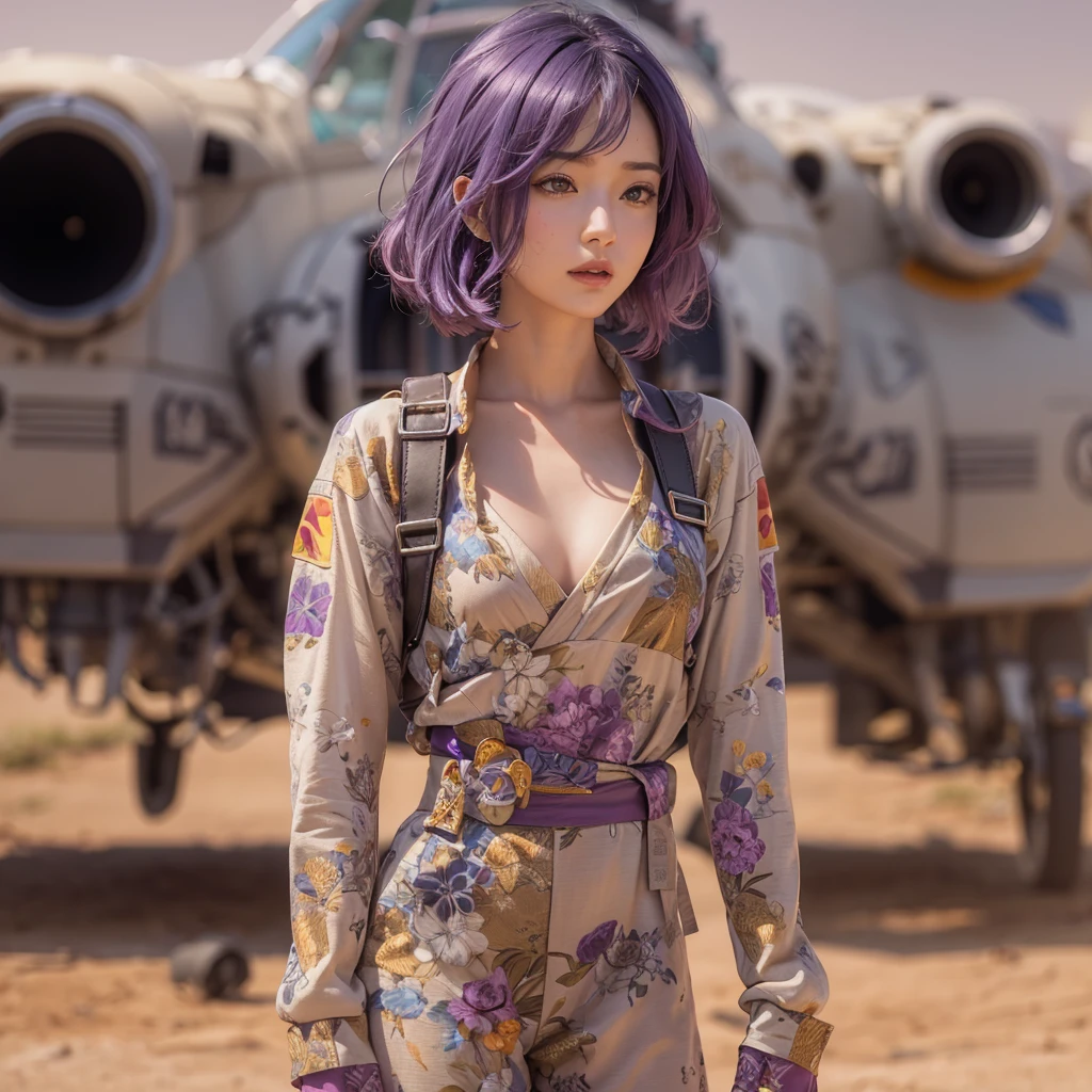 ((Vivid Photo Results & Detailed face)) (((Fabric Shading))), (((Highest quality))), (((masterpiece))), (((Ultra-realistic photos))) Movie Scenes, Cinematic, Shooting dramatic shadows with backlighting, Full Body Profile, Cheeky Japanese Girl, Short spiky purple hair, His pale skin and faded, Dirty orange aviator jumpsuit., White Victoria'the secret of`Bra with lace, Shown inside the open zipper, Abdominal ring is visible, Sweaty body, Cool pose with helmet on,Dirty Face & Dusty clothes scattered across the vast desert, In front of an X-wing fighter, 8K high resolution