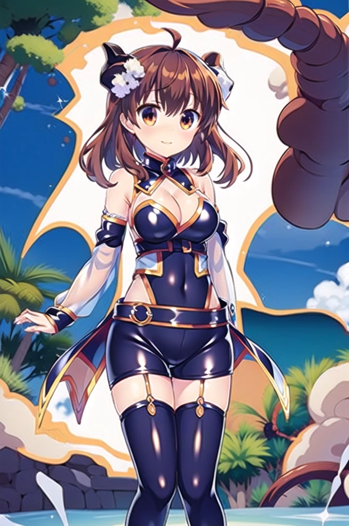 1girl,solo,cowboy shot,standing,(brown hair:1.4),long hair,ahoge,hairs between eyes,curly hair,(brown eyes:1.4),(beautiful fingers:1.4),(perfect anatomy:1.4),(arms_behind_back:1.6),(cold_shoulder:1.2),(latex luster shiny glossy metallic:1.6),(shiny_clothes:1.6),masterpiece,best quality,(Ultra high definition eyes:1.2),8k,(Beautiful detailed eyes:1.2),(Fine and beautiful eyes:1.2),(pretty eyes:1.2),finely detail,extremely CG, absurdres,high resolution,illustration,Detailed and beautiful outlines,finely detail,high resolution,(colorful refraction:1.4,Increase saturation:1.2),beautiful lighting,dynamic lighting,closed room,black background,simple background, smile,looking at viewer,shamiko,(horns:1.6),(white Clear PVC sheets sleeves:1.4),(sheer sleeves:1.4),(see-through sleeves:1.4),(wide sleeves:1.2),(purple thigh boots:1.2)