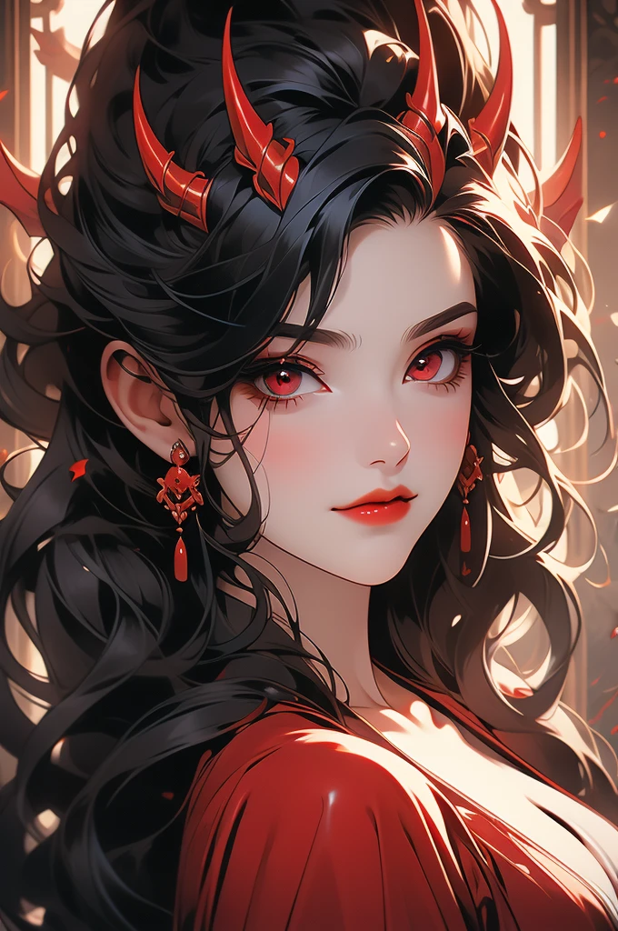 portrait, succubus, red eyes, long black hair, smirk, sinuous, red lips, thin horns