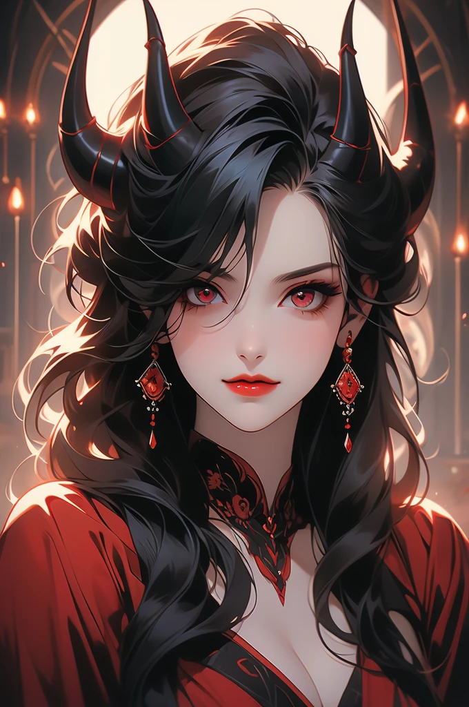portrait, succubus, red eyes, long black hair, smirk, sinuous, red lips, thin horns