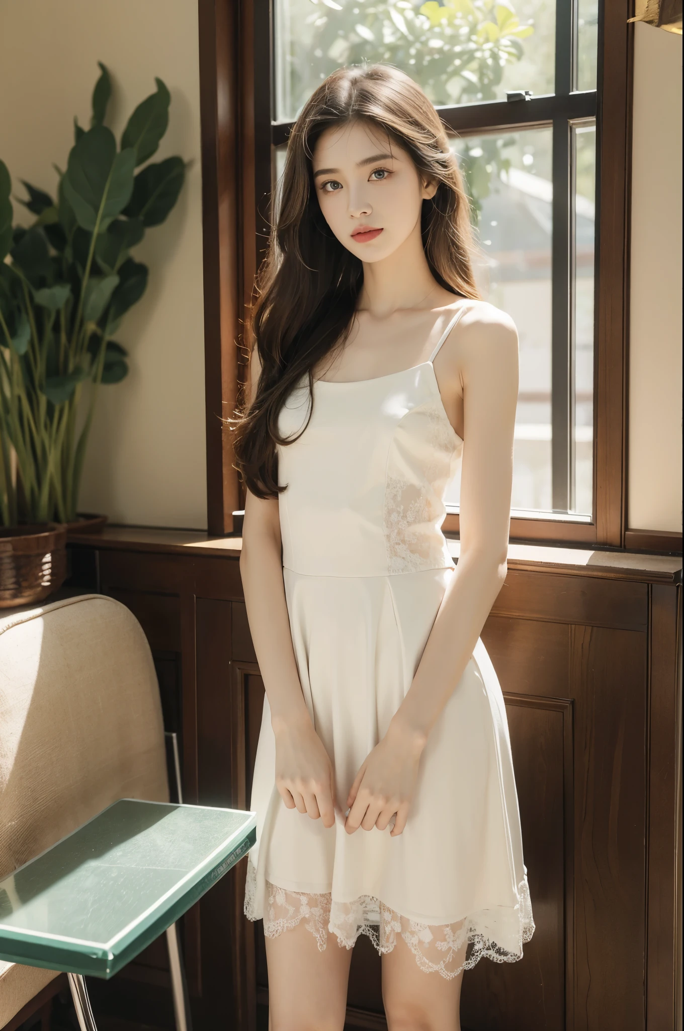 (((best quality))),(((ultra detailed))),(((masterpiece))),illustration,1girl,high school girl,solo,slim,thin,small breasts,flat chest,slender legs,summer,sunshine,luxurious classroom,anticipation,beautiful,elegant,desk,college application form,sleeveless dress,light blue,summer sky,delicate floral pattern,shoulder length straight hair,standing,arms behin back,sunlight,shimmering aura,fair skin,smooth skin,deep green eyes,luxury,plush leather chairs,richly patterned walls,state-of-the-art technology,open windows,summer breeze,freshly mown grass,distant bird songs,graceful movements,precise movements,serene face,focus,determination,dreams,aspirations,journey,fulfill academic goals,portrait,resilience,hope,future,courage,confidence,from front,full body