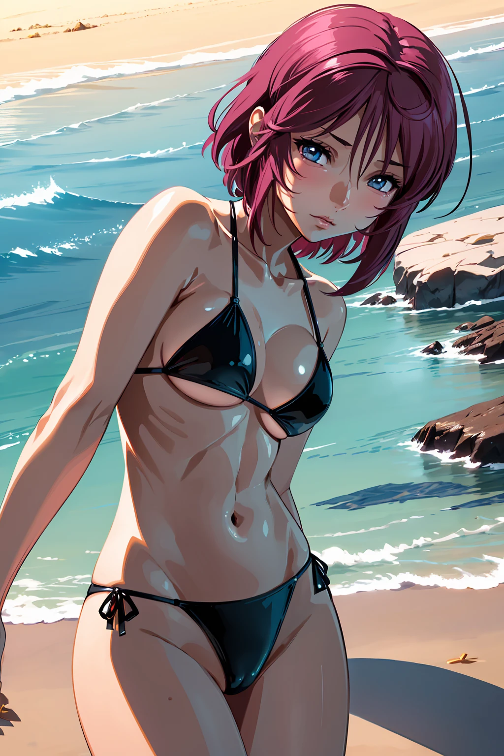 (Highest quality:1.5, High resolution, uhd, 4K, Detailed lighting, Shaders) (Lunamaria Hawke) 独奏 , short hair, Ahoge Pink hair ((Black Bikini))++ Beautiful beach Highly detailed face, Perfect lighting, Highly detailed CG,Cowboy Shot