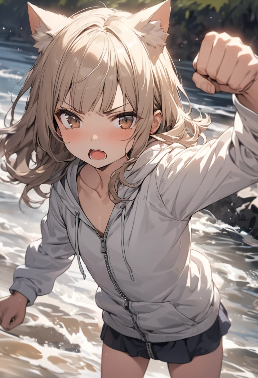 ((Masterpiece)), ((best quality)), (Anime:1.3), (super detail:1.2),(High Definition:1.3), (Professional Photography:1.2), (wide shot), (sharp focus), (perfect light), ((12 years old)), (morning), messy medium hair, Beautiful collarbone, (cute hoodie with zipper), white tanktop, (Healthy slim body), (loose blunt bangs), Slender body, glossy skin, (annoyed look), open mouth, ((Beautiful brown eyes)), Textured skin, (Cat ears), Pale brown hair, Cute Beautiful Girl, (slightly exposed small chest), BREAK, ((best quality)), ((Punching)), standing on the riverside, (sharp focus), perfect hands, (perfect light),