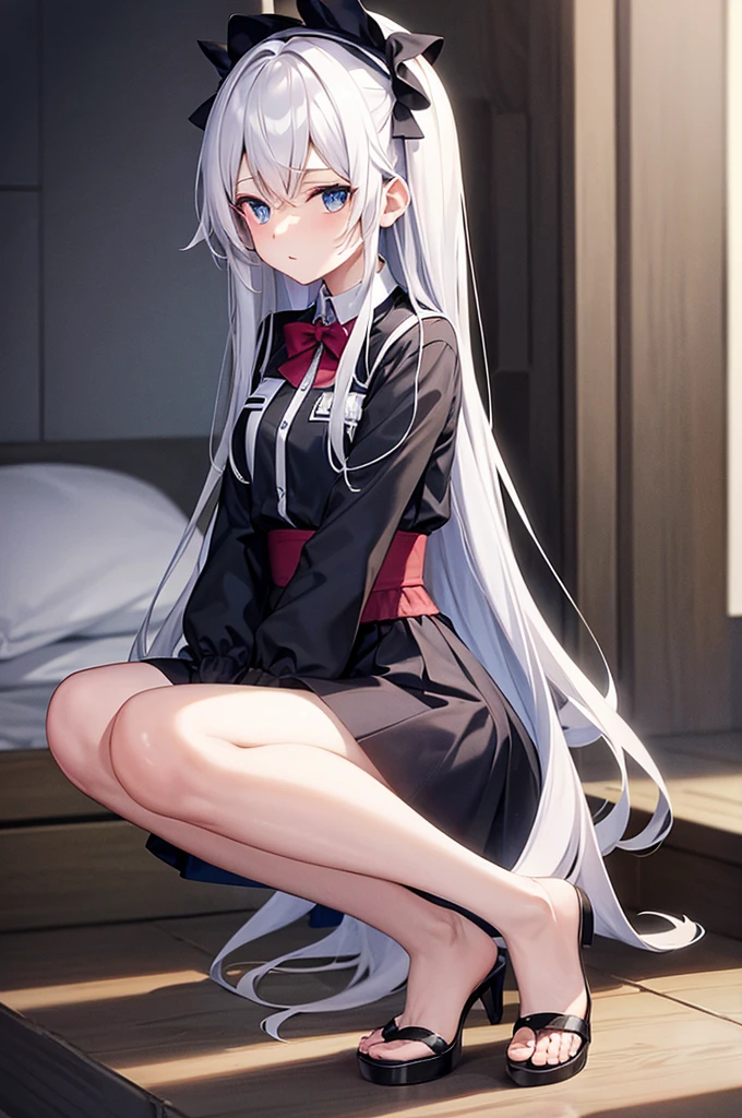 Yozaki Kanade（Project Sekai）,Long Hair,White Hair,blue eyes,Disheveled hair,Sleepy face,Viewer&#39;s perspective,Blue jersey,Black camisole,Small breasts,The morning sun is shining, Highest quality, High resolution