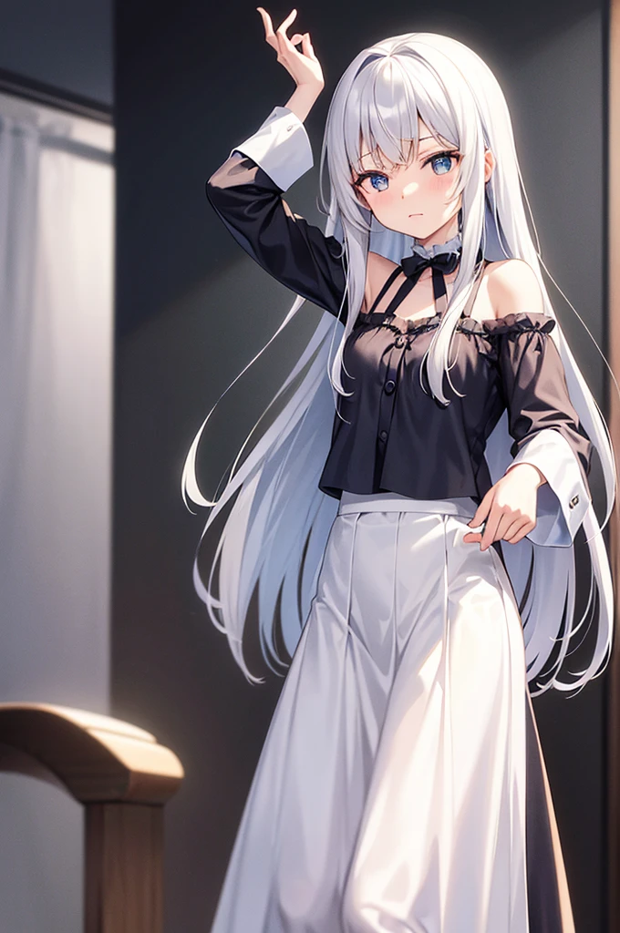 Yozaki Kanade（Project Sekai）,Long Hair,White Hair,blue eyes,Disheveled hair,Sleepy face,Viewer&#39;s perspective,Blue jersey,Black camisole,Small breasts,The morning sun is shining, Highest quality, High resolution