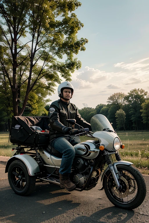 Ukrainian on a motorcycle with a side trailer, motorcycle dnepr,