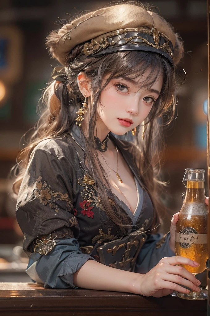 (masterpiece:1.3), (8K, Realistic, RAW Photos, Best image quality: 1.4), Japanese 、18-year-old,(Random Hairstyles:1.2)、Cleavage:1.2、Highly detailed face、Attention to detail、double eyelid、Chest to chest、Sharp focus:1.2、Beautiful woman:1.4、Light brown hair、Highest quality、masterpiece、Ultra-high resolution、(Realistic:1.4)、Highly detailed and professionally lit smiles、Loose fitting steampunk outfit、Shoulder out、thin、Serious expression、drinking beer at bar
