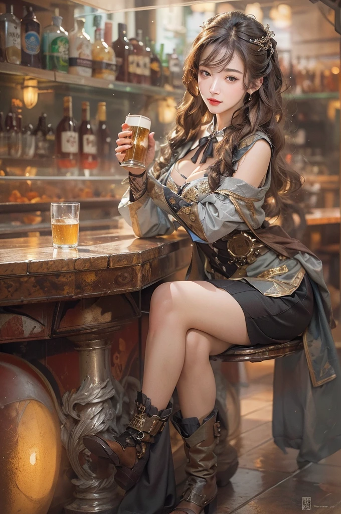 (masterpiece:1.3), (8K, Realistic, RAW Photos, Best image quality: 1.4), Japanese 、18-year-old,(Random Hairstyles:1.2)、Cleavage:1.2、Highly detailed face、Attention to detail、double eyelid、Chest to chest、Sharp focus:1.2、Beautiful woman:1.4、Light brown hair、Highest quality、masterpiece、Ultra-high resolution、(Realistic:1.4)、Highly detailed and professionally lit smiles、Loose fitting steampunk outfit、Shoulder out、thin、Serious expression、drinking beer at bar