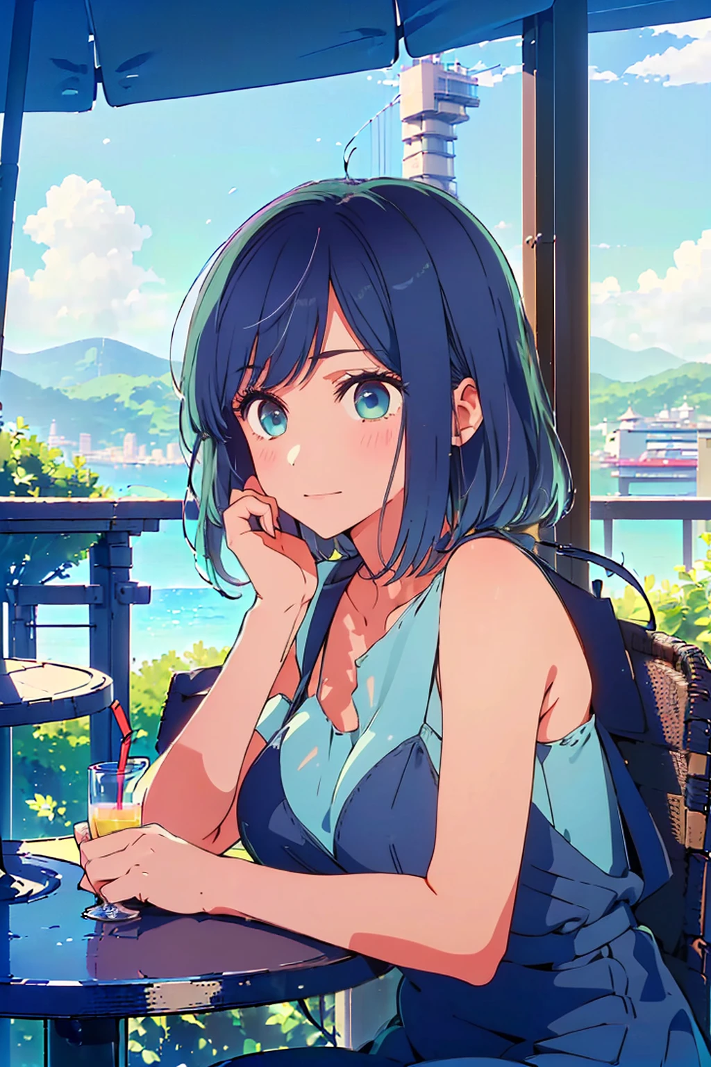 (Highest quality:1.4、masterpiece:1.4、超detailed:1.4、Ultra-high resolution:1.4、Absurd:1.4、Absolute Resolution:1.4、8K:1.4、detailed:1.4)、Slim body、((((1 person、sit、Happy expression、Chair、In the background are the urban buildings of Tokyo、looking at the camera、Outdoor café terrace、Navy hair color、juice、table、Very cute face))))、((((nude、very beautiful areola、valley))))、(Pose with hands tucked behind ears:1.4、Cheek resting on hand:1.4)、Very blue sky、A completely cloudless sky
