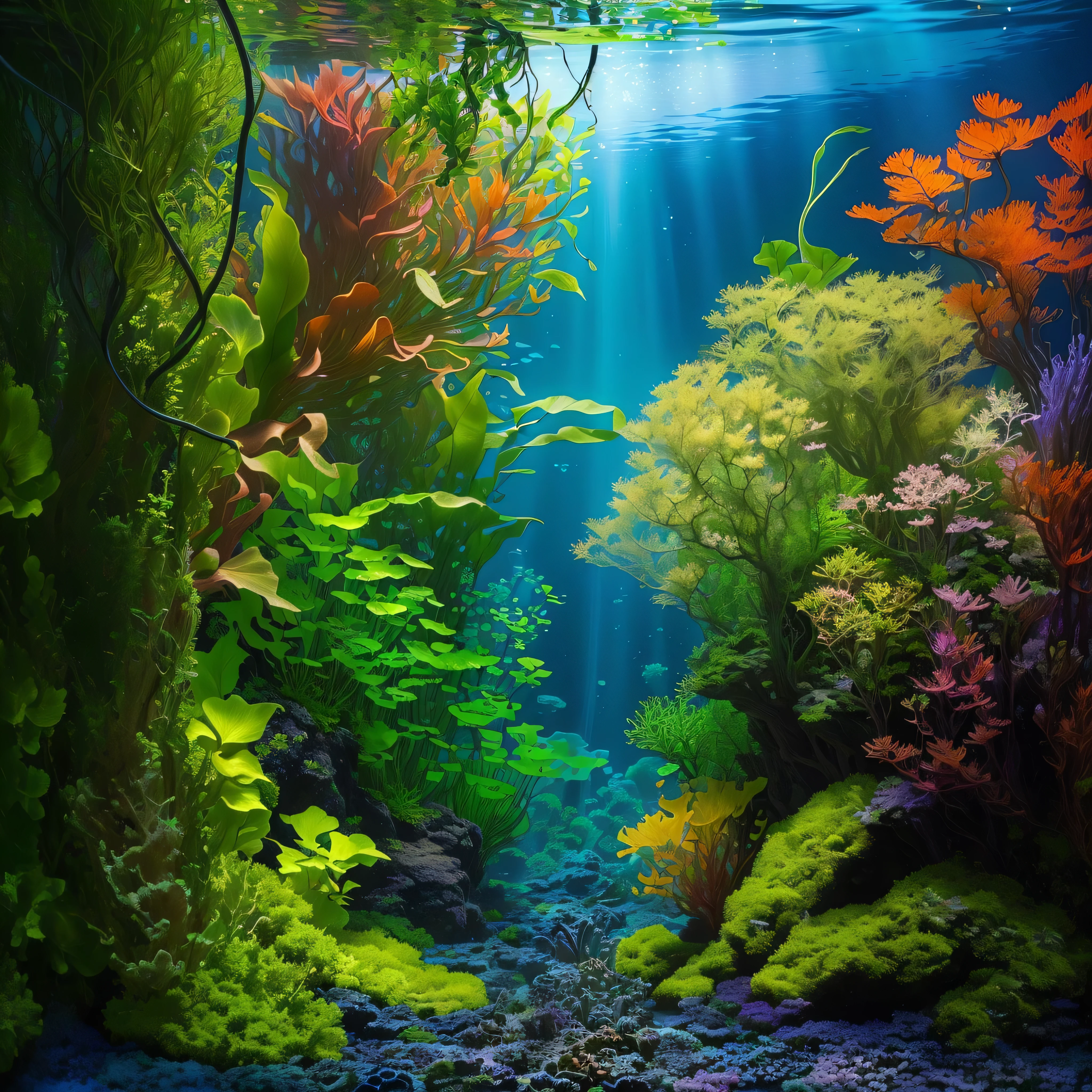 há um Aquarium com plantas e pedras nele, underwater landscape, overgrown with aquatic plants, underwater plants, underwater environment, Underwater scene, aquatic plants, colorful picturesque environment, deep Underwater scene, aquatic plants, underwater background, underwater scenery, closeup cinematic water scene, Underwater scenery, Aquarium life, Aquarium, Beautiful high resolution