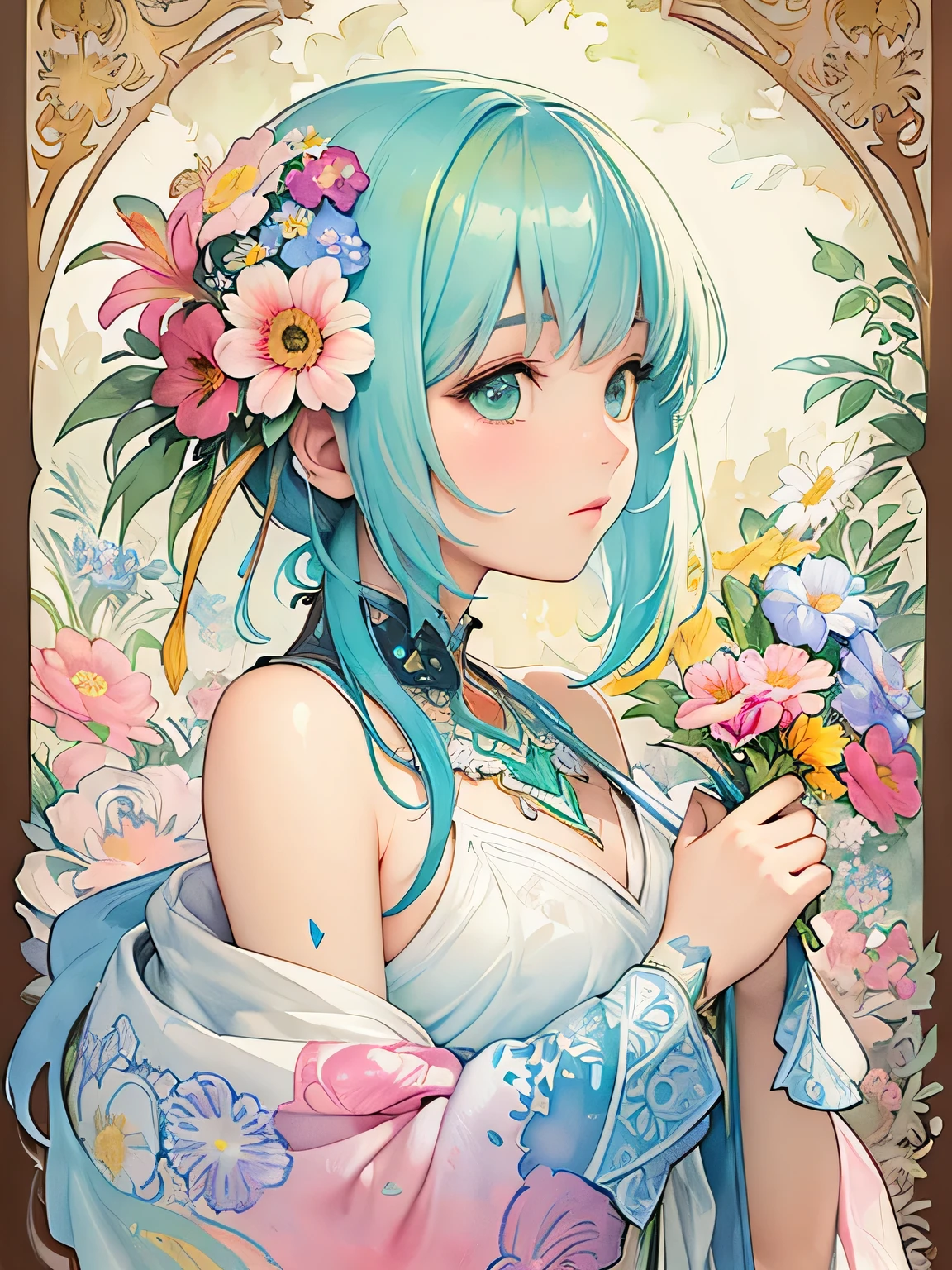 Alphonse Mucha Style、(((stylish fashion))), 8K Quality、Intense watercolor, Detailed watercolor art, Watercolor splash, Surreal, avant-garde pop art, Beautiful and expressive paintings, Beautiful artwork illustration, Very colorful tones, wonderful, Cool beauty, highest quality、Official Art, Vector art, Stylish design, (((The most beautiful girl))), (((highest quality))), HDR, ((detailed)), (((Doodle Art)), ((masterpiece)), ((Super detailed)), (((Colorful flowers))),(((Stylish))),