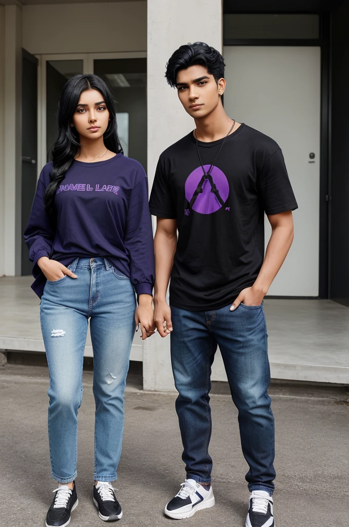 Create a 3D anime-style image of a couple. The boy is taller than the girl, with an average build, weighing 60 kg. He has a normal Indian skin tone, black hair, and black eyelids. He wears power specs with a black full frame. He is dressed in a t-shirt, blue jeans, and black shoes. The girl, shorter than the boy, weighs 53 kg and has a normal build. She has black hair, styled in a single plait without any division. She is wearing a purple chudi. The couple should be standing together, with a simple background."