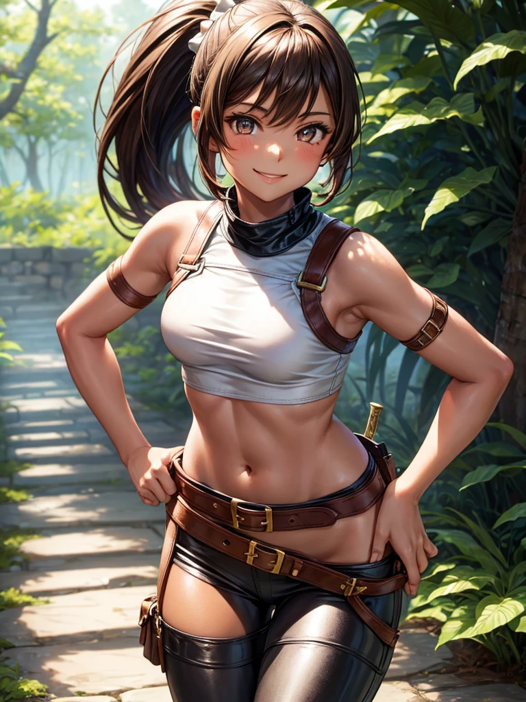 Young girl, tanned skin, short brown ponytail, golden eyes, very small breasts!!!, smiling, leather harness, white sleeveless t-shirt!!!, black fabric pants, leather belt, sword sheathed on right hip, walking on a path land, forest, night.