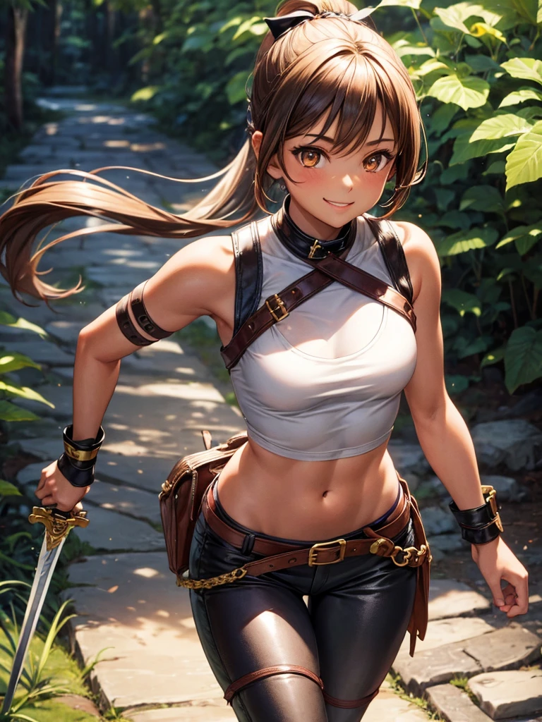 Young girl, tanned skin, short brown ponytail, golden eyes, very small breasts!!!, smiling, leather harness, white sleeveless t-shirt!!!, black fabric pants, leather belt, sword sheathed on right hip, walking on a path land, forest, night.