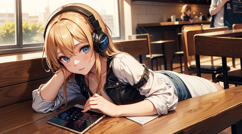 Girl with headphones enjoying music in a cafe I am studying Emphasize a little bit of the chest