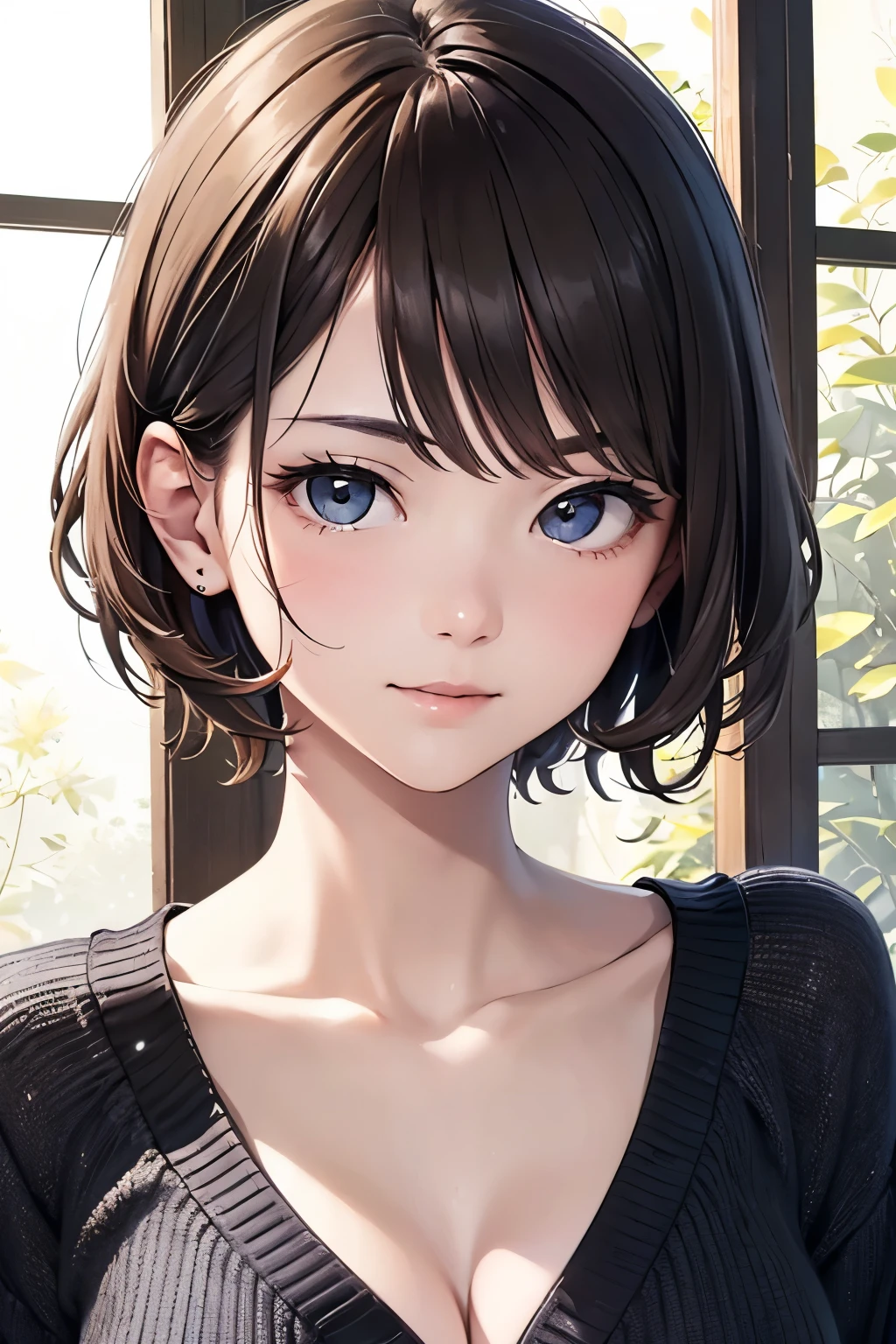 (masterpiece:1.3), (8K, Photorealsitic, Raw photography, Top image quality: 1.4), Japan high school girls、(Random hairstyles:1.2)、cleavage of the breast:1.2、Super Detail Face、Eye of Detail、double eyelid、Bring your chest together、sharp focus:1.2、prety woman:1.4、light brown hair、top-quality、masterpiece、超A high resolution、(Photorealsitic:1.4)、Highly detailed and professional lighting smile、Loose and light knitwear、Shoulder out、slender、serious facial expression、short-haired、Fatal position
