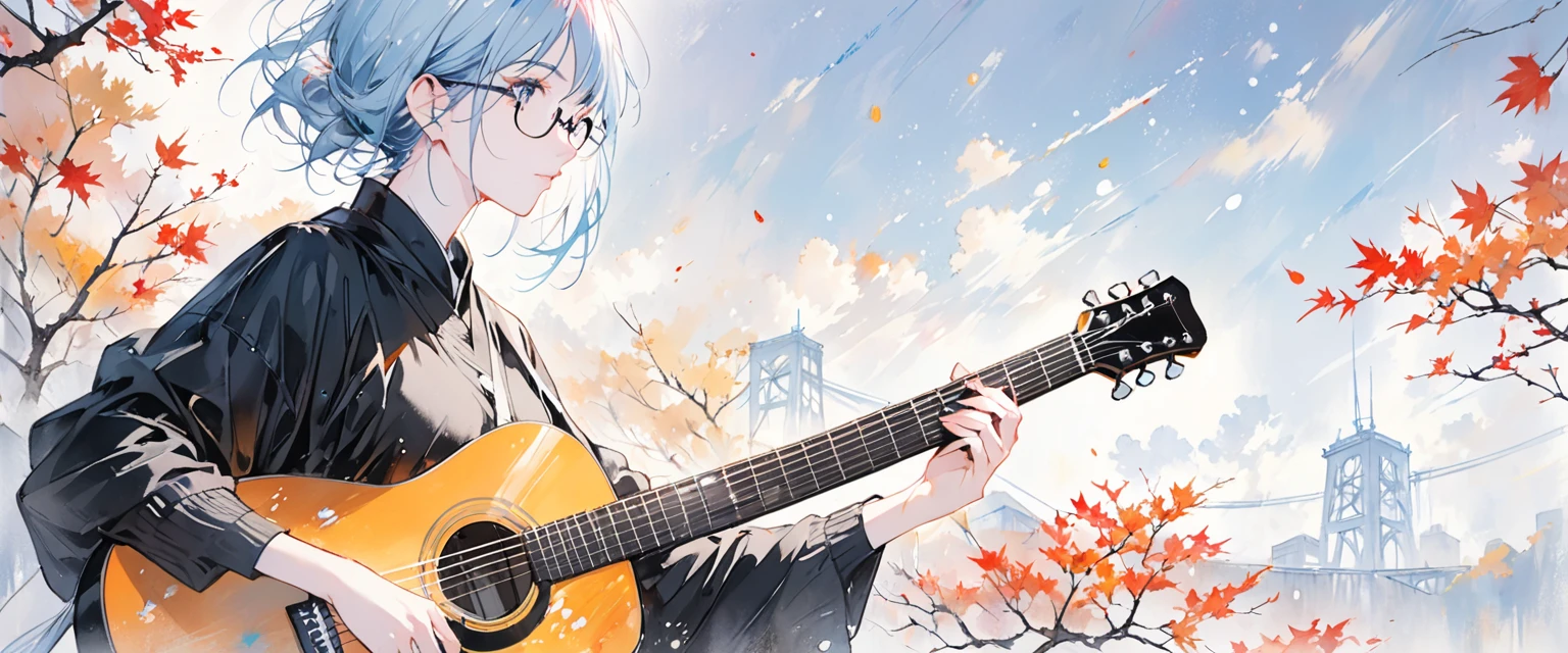 A painting by mse《man wearing glasses》,author:agnes cecile, Luminous design, Soft colors, Ink drops, Autumn Lights, Holding Guitar, Accorstic guitar, side view