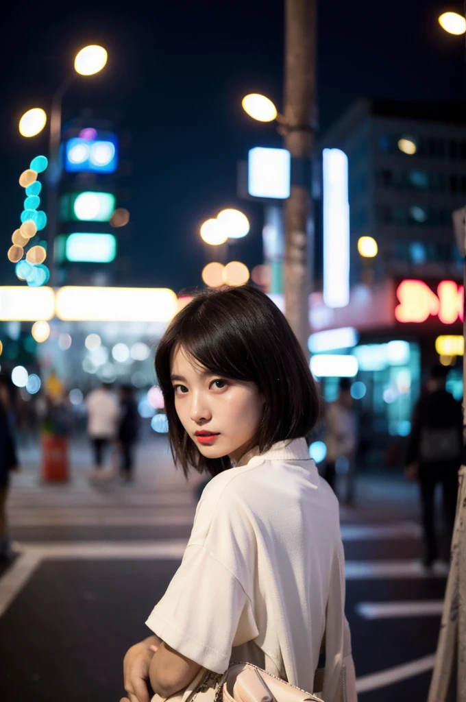 (Cinematic Aesthetic:1.4) Photo of a beautiful korean fashion model bokeh city night