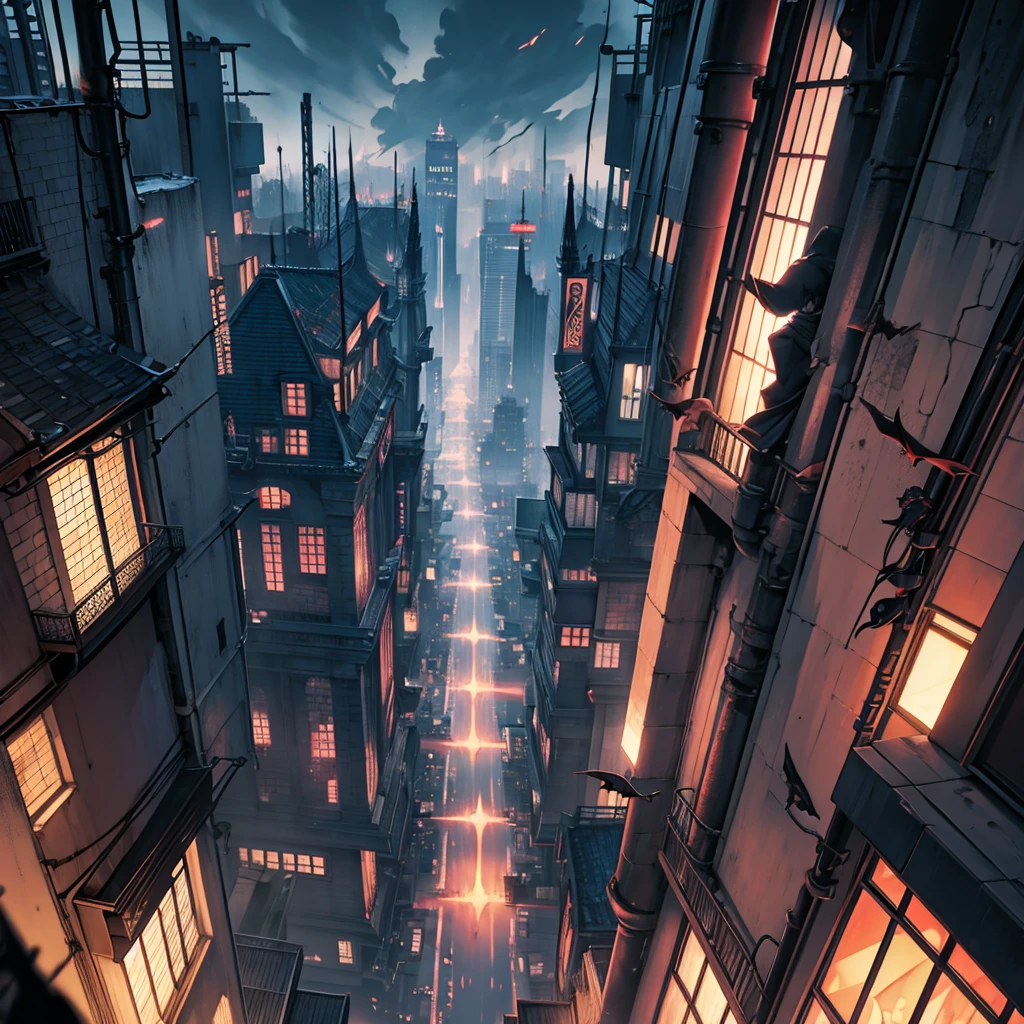 Anime, strange demons with multiple limbs, Dark surroundings, city, View from the sky, many people go about their usual business next to demons