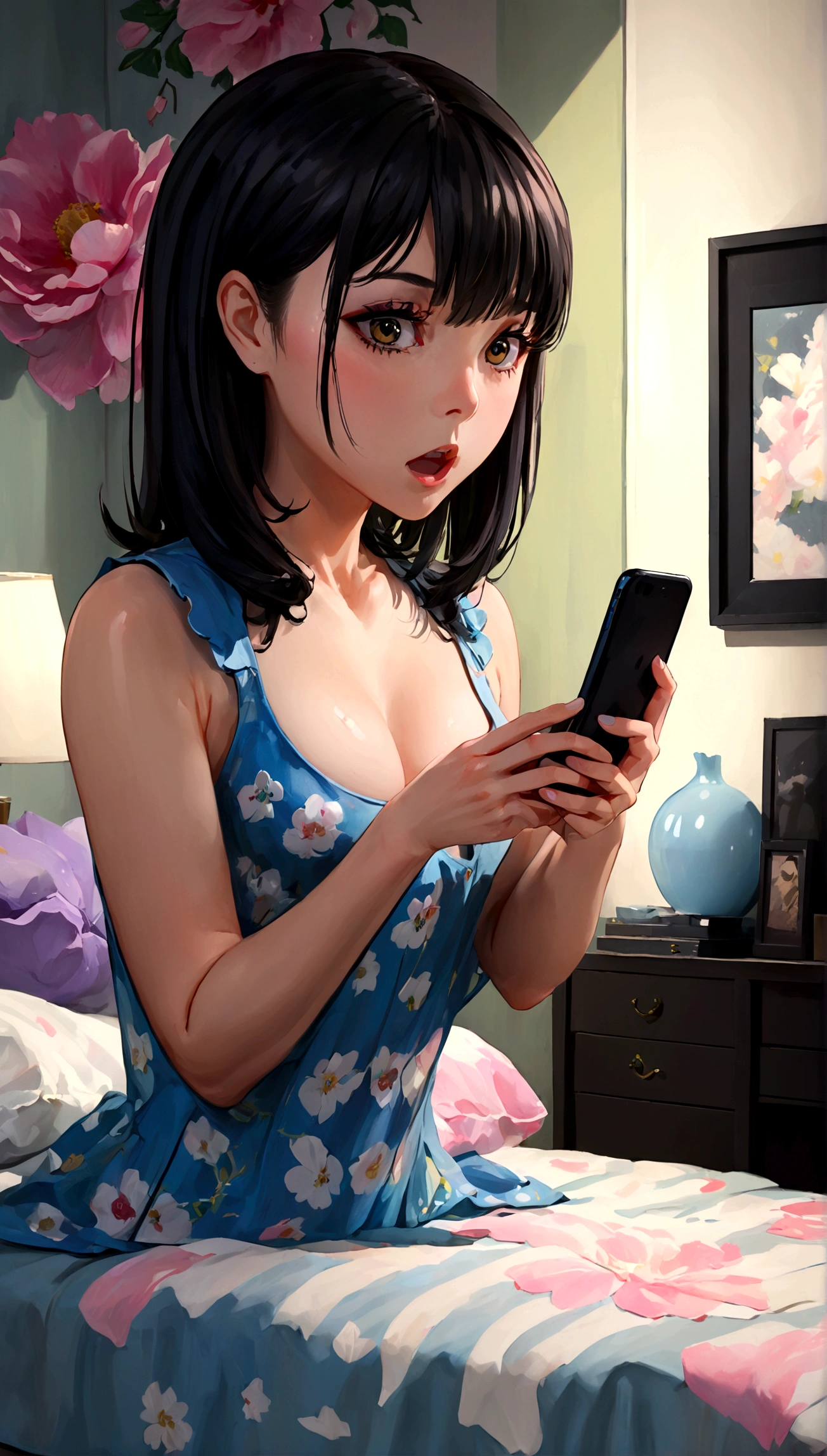 Photorealistic, top-quality 8K image of an incredibly detailed J-POP styled bedroom, showing an attractive woman with a surprised expression, noticing the late hour while looking at her smartphone in bed, cinematic composition, trending on ArtStation