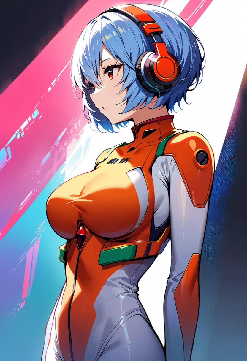 1girl, ayanami rei, neon genesis evangelion, plugsuit, entry plug interior, Futuristic anime mecha cockpit interior, entry plug, elongated cylindrical shape, pilot seat in center, red and orange holographic displays, emergency lighting, young female pilot with blue hair in white plugsuit, dual control sticks on both sides of the seat, control sticks slightly angled forward, ergonomic grip design, metallic grey color, multiple buttons and switches on control sticks, First-person perspective, dynamic action pose, intense atmosphere, detailed mechanical parts, Evangelion inspired, serious expression, looking ahead, masterpiece, best quality, detailed background, futuristic design