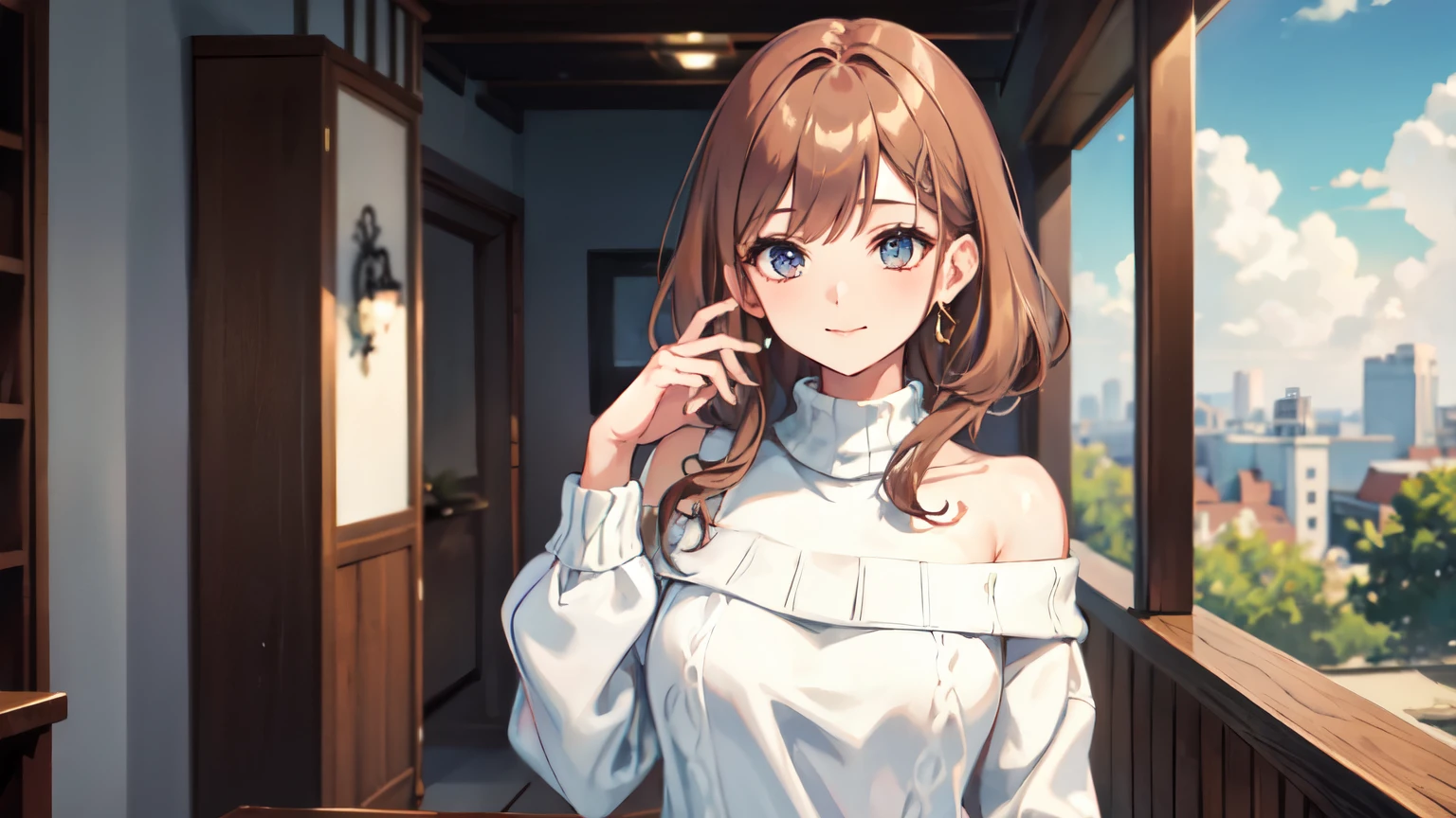 ((Highest quality)), ((masterpiece)), (detailed), One girl, Off-the-shoulder sweater, 